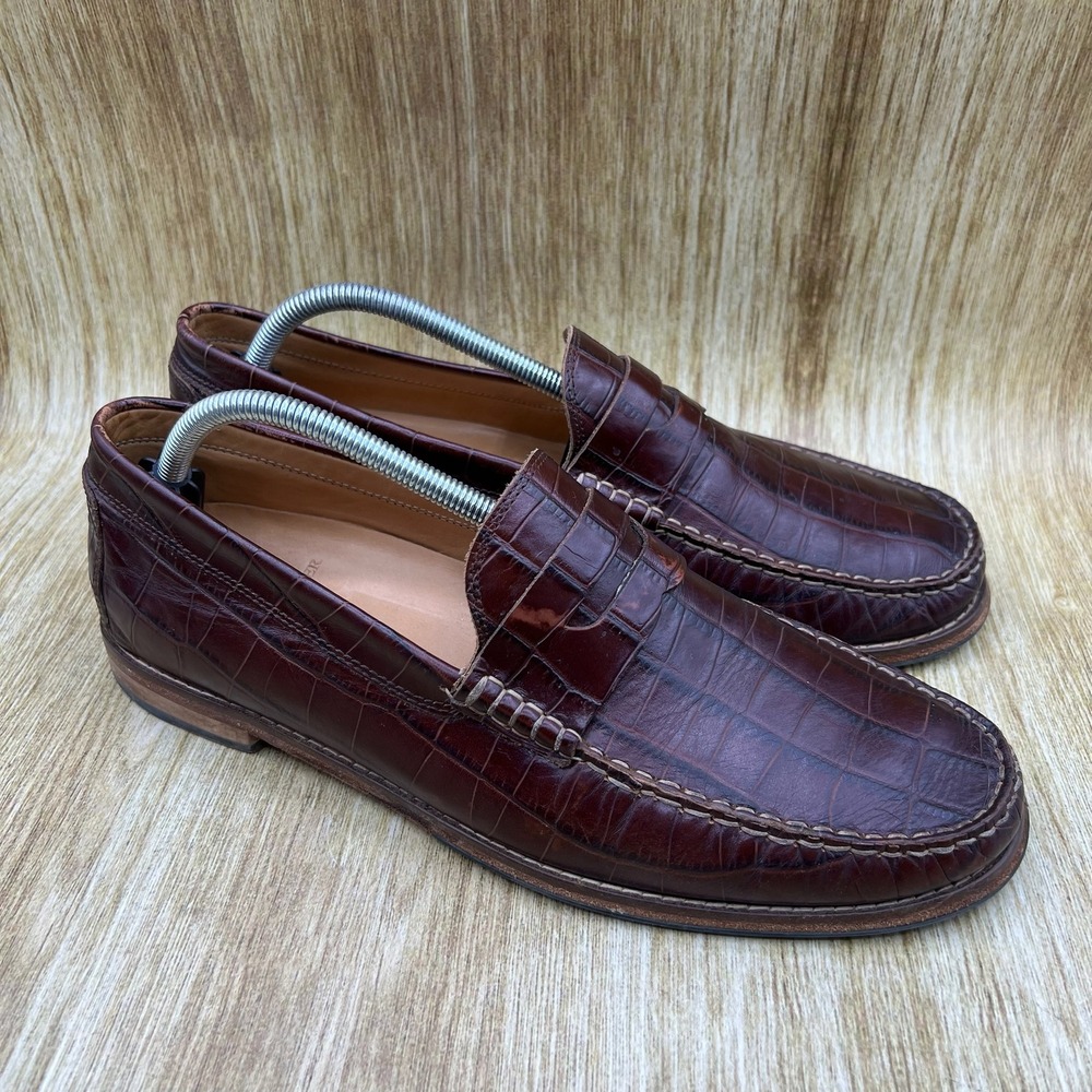 Austen Heller Penny Loafers Men's 11.5 Burgundy Crocodile Embossed Leather Shoes